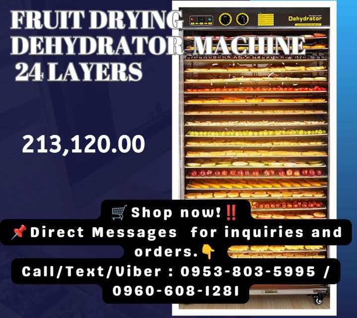 Fruit Drying DEHYDRATOR Machine 24 LAYERSr (Category: Everything Else Others) located in Caloocan City. Submitted by 09616968642 (Listing ID 1470414372, Image 1). Description: ◎Volt. 110v/220v ◎Power 5850w ◎Material: Stainless steel ◎Temp. setting: 40-90degrees ◎Capacity 650L ◎Dimension 700*1450*880mm ◎Layer - 24 layers ◎Distance between two layer 50mm ◎Grid mesh 50mm ◎Net Weight/Gross weight 100kgs/120kgs .