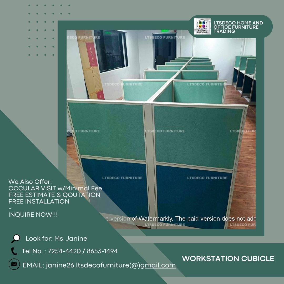 FULL FABRIC WORKSTATION CUBICLES OFFICE PARTITION (Category: Everything Else Others) located in Quezon City. Submitted by meril.ltsdeco09 (Listing ID 1470370815, Image 1). Description: OUR PRODUCTS LINE & SERVICES Office Partitions & Workstations ☑Modular partitions ☑ BPO workstations ☑ cubicles ☑ floor-to-ceiling dividers ☑ toilet partitions ☑ operable walls & accordion doors Office Furniture ☑ Executive chair ☑ clerical chair ☑ mesh chair ☑ vis