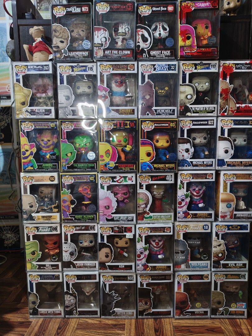 Funko Pop Horror Movie Figures Collection Various Characters (Category: Designer & Blind Box Toys) located in Manila. Submitted by funkokey (Listing ID 1470364319, Image 1). Description: Funko Pop Price Leatherface ₱750 Art the Clown ₱750 Ghostface ₱800 Carrie ₱600 Alien ₱500 The Mummy ₱900 Chubby ₱450 Werewolf ₱600 Phantom of the Opera ₱1,800 Aswang ₱1,000 Jumbo ₱450 Haunted Mask ₱500 Pennywise Blacklight ₱600 Michael Myers Blacklight ₱650 Micha