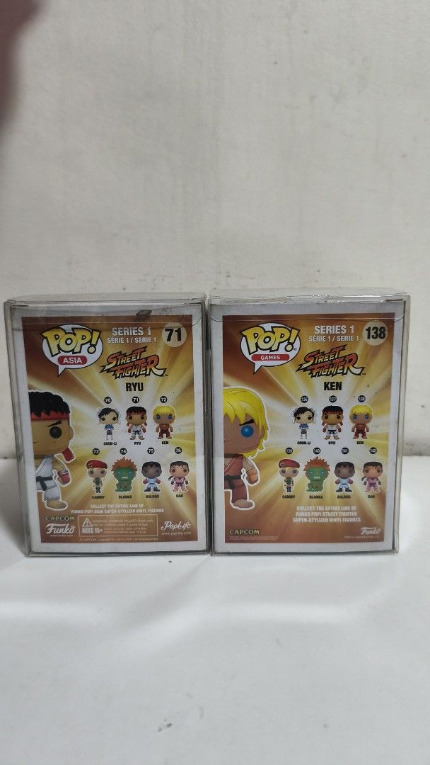 Funko Pop Street Fighter Ryu #71 & Ken #138 (Category: Figurines & Statues) located in Marikina City. Submitted by shopapao (Listing ID 1470445828, Image 3). Description: - Bundle includes: Funko Pop Asia Ryu #71 and Funko Pop Games Ken #138 - Series: Street Fighter Series 1 collectibles - Condition: Brand new, untouched figures inside mint-condition boxes with sharp edges - Protection: Both packed inside clear plastic protector cases - Ideal for
