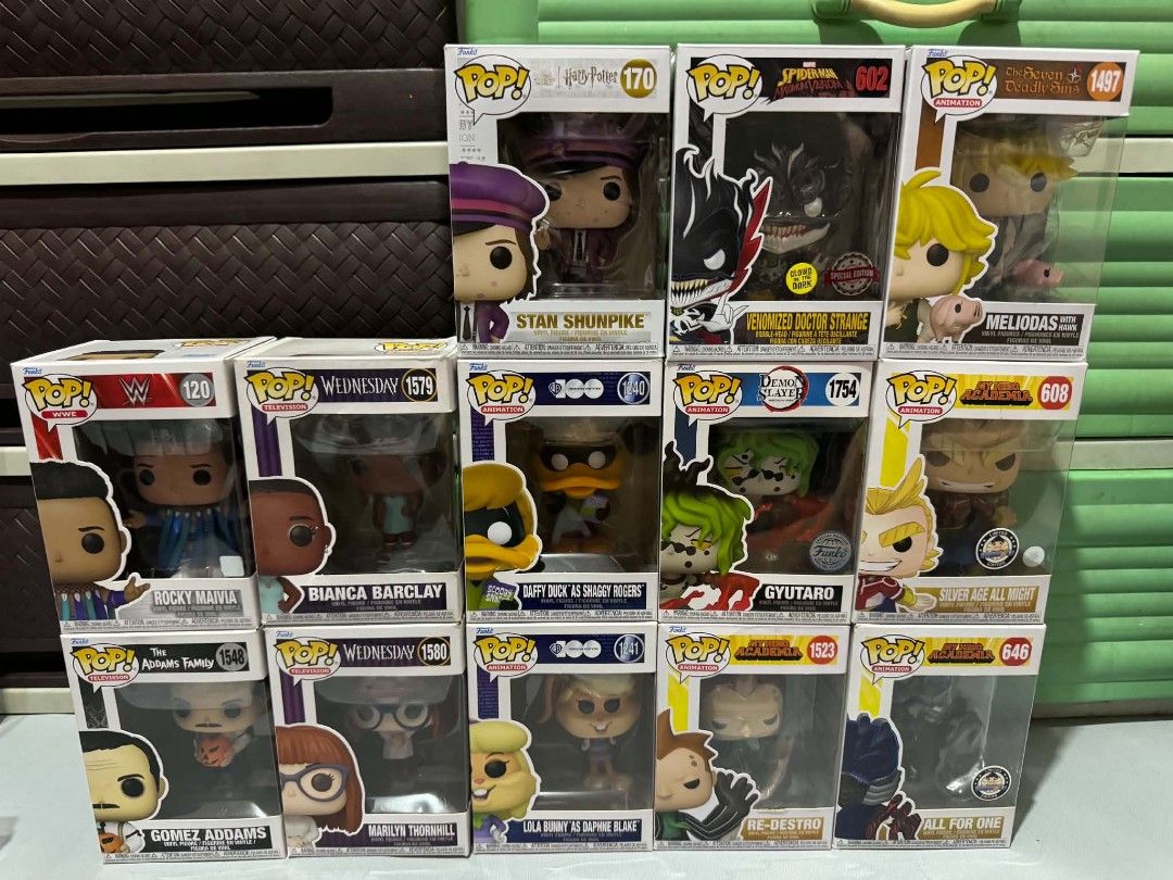 Funko Pop Vinyl Figures Assorted Collection (Category: Designer & Blind Box Toys) located in Manila. Submitted by yukira_online_shop (Listing ID 1470478282, Image 1). Description: - Authentic Funko Pop vinyl figures available - Characters: Stan Shunpike, Venomized Doctor Strange, Meliodas, Rocky Maivia, Bianca Barclay, Daffy Duck as Shaggy Rogers, Gyutaro, Silver Age All Might, Gomez Addams, Marilyn Thornhill, Lola Bunny as Daphne Blake, Re-Destr