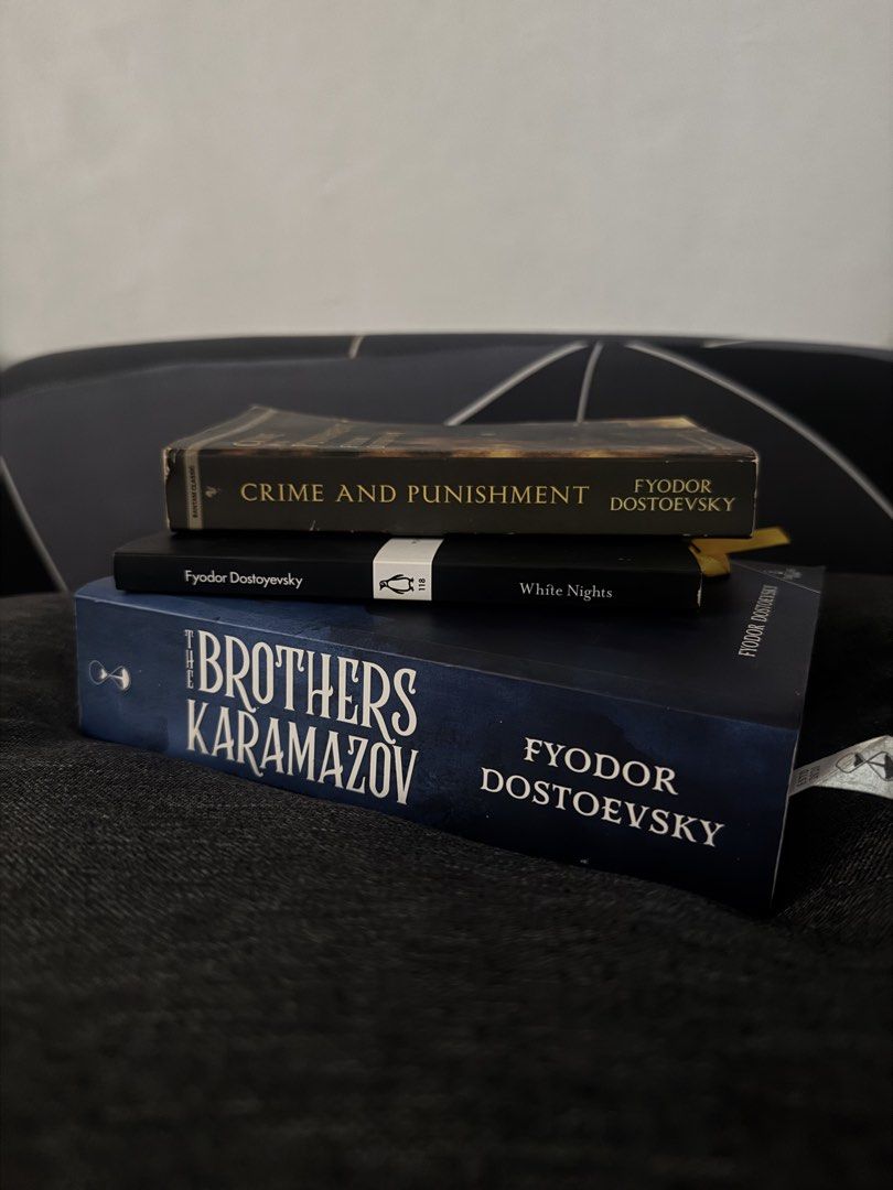 Fyodor Dostoevsky (Category: Storybooks) located in Cavite. Submitted by naoiak (Listing ID 1470396810, Image 1). Description: - Set of 3 classic Dostoevsky novels - Includes: Crime and Punishment (Bantam), White Nights (Penguin), and The Brothers Karamazov (Timeless) - Condition: Read once and stored on shelf, clean pages, strong bindings - Ideal starter bundle for book lovers and literature fans.