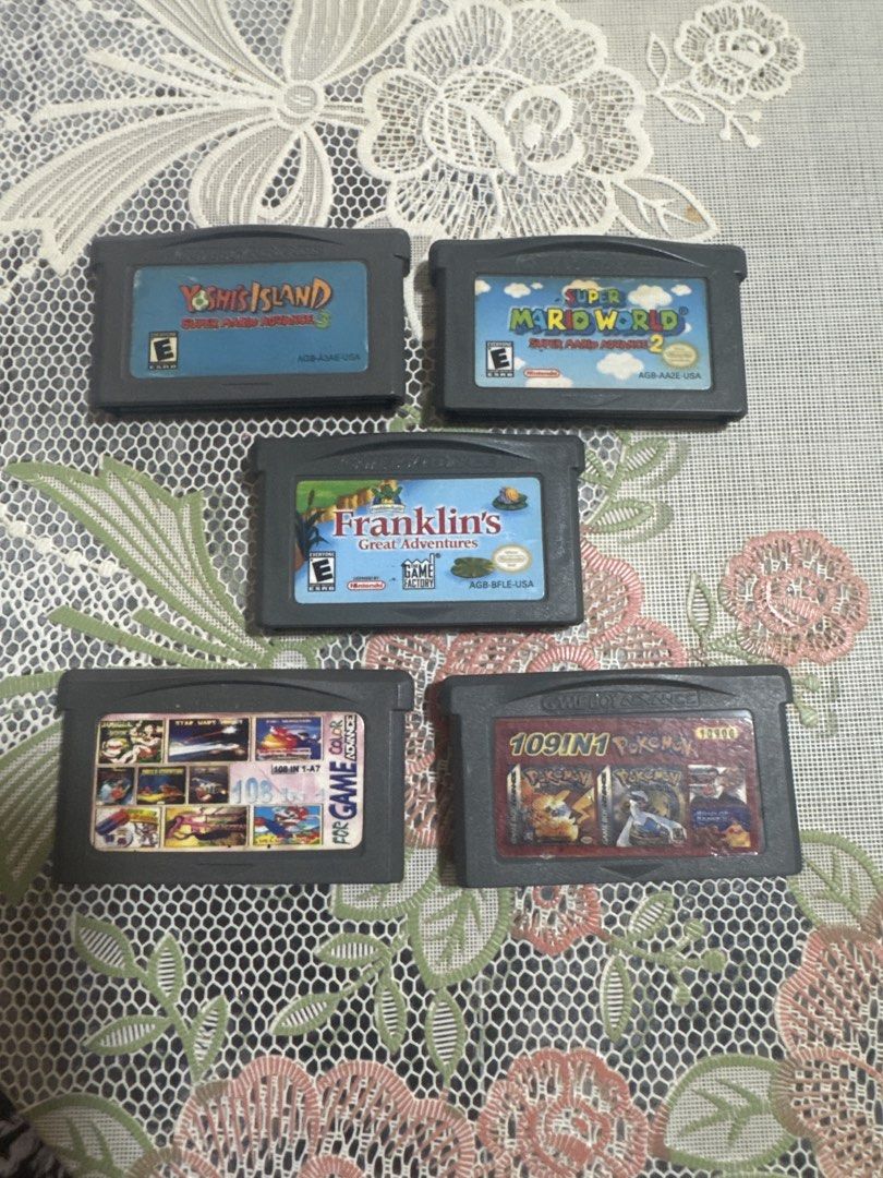 Game Boy Advance GBA Game Cartridges Lot (Category: Nintendo) located in Lubao. Submitted by thriftsociety_ph (Listing ID 1470363613, Image 1). Description: - Bundle of 5 GBA cartridges - Includes: Yoshi's Island (Super Mario Advance 3), Super Mario World (Super Mario Advance 2), Franklin's Great Adventures, 108-in-1 cartridge, and 109-in-1 Pokemon cartridge - Condition: not tested .