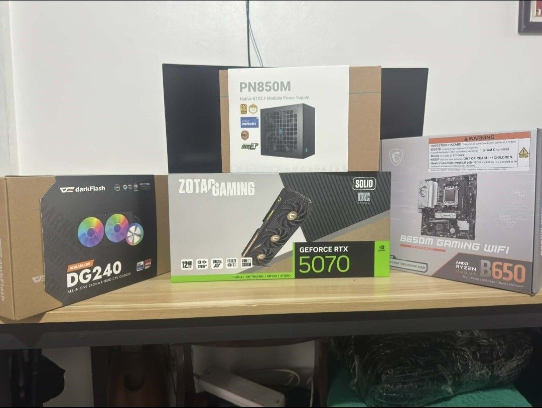 Gaming Pc Rtx 5070 (Category: Desktops) located in Manila. Submitted by muffoncake43884 (Listing ID 1470353637, Image 3). Description: HIGH END GAMING PC FOR SALE GPU: ZOTAC GeForce RTX 5070 Gaming SOLID OC — 12GB GDDR7, Triple Fan CPU: AMD Ryzen 7 7700 — AM5 Motherboard: MSI B650M Gaming WiFi — DDR5, AM5 RAM: Apacer Panther RGB — 32GB (16GB×2) DDR5 6000MHz CL38 Storage: Lexar NQ710 NVMe — 1TB Gen 4 PSU: DeepCool GamerStorm PN850M — 850W, 80+ Gol