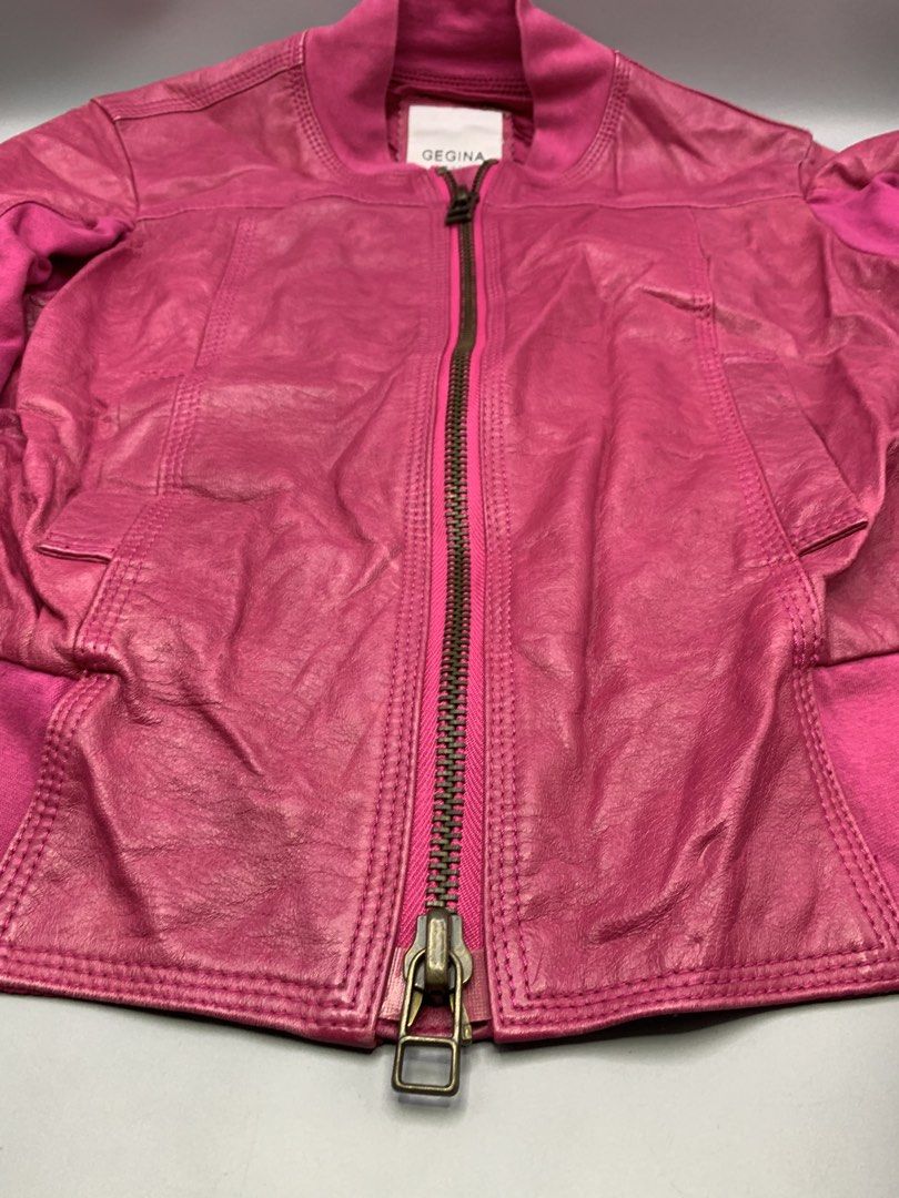 GEGINA ITALY PINK LEATHER JACKET (Category: Coats, Jackets and Outerwear) located in Bulacan. Submitted by ridersthrift_ph (Listing ID 1470452030, Image 3). Description: Authentic In Great Condition Size 38 / Small-Medium No Flaws Lamb Leather Jacket Gcash Payment Bulacan 📍.