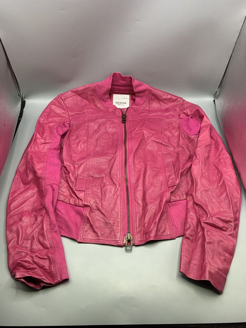 GEGINA ITALY PINK LEATHER JACKET (Category: Coats, Jackets and Outerwear) located in Bulacan. Submitted by ridersthrift_ph (Listing ID 1470452030, Image 1). Description: Authentic In Great Condition Size 38 / Small-Medium No Flaws Lamb Leather Jacket Gcash Payment Bulacan 📍.