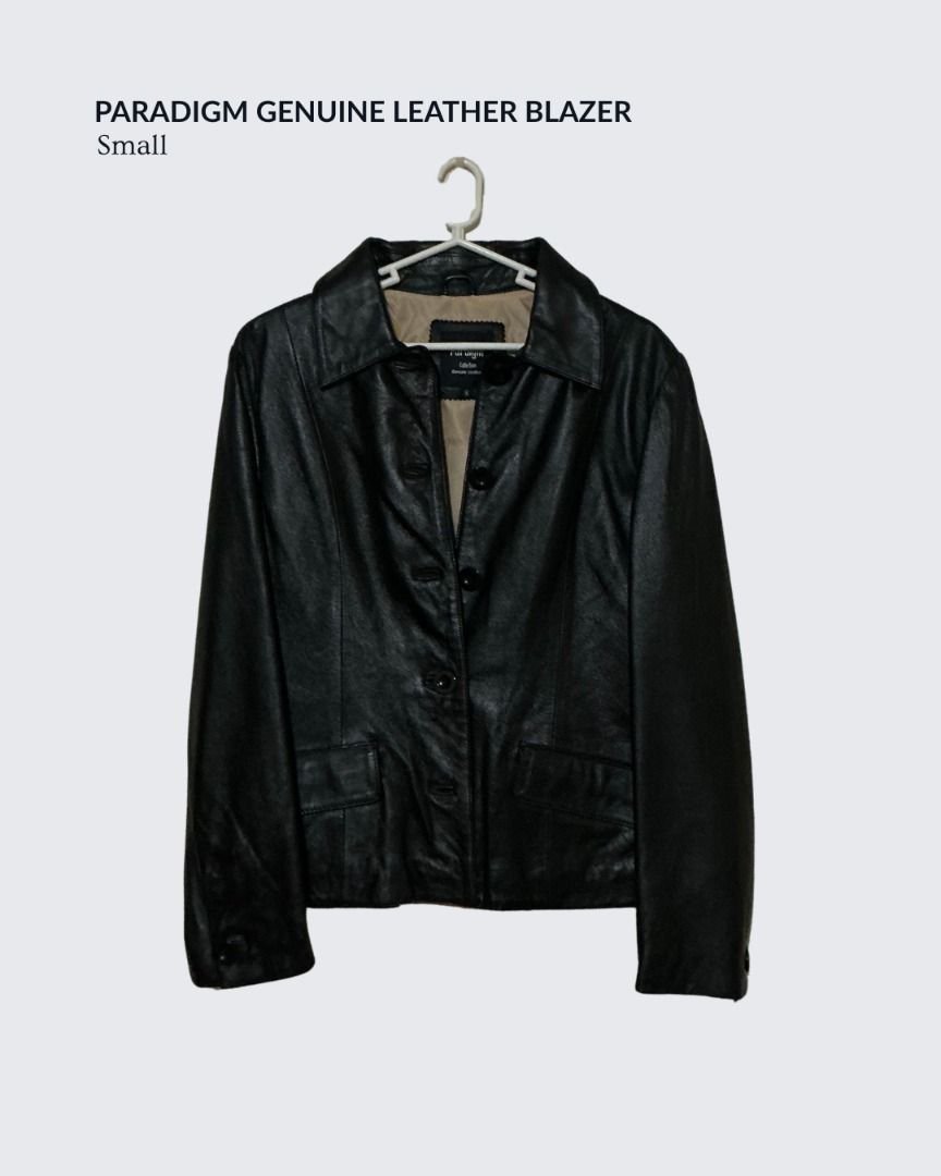Genuine Leather Blazer Jacket (Category: Coats, Jackets and Outerwear) located in Baguio. Submitted by dragonflythrifts (Listing ID 1470478957, Image 1). Description: Paradigm Black Leather Blazer Jacket - material is 100% genuine leather - small - black leather with tan interior lining -button-front closure, classic lapel collar, structured fit, front flap pockets - clean inside and out, excellent pre-loved condition Shipping & Delivery - we are