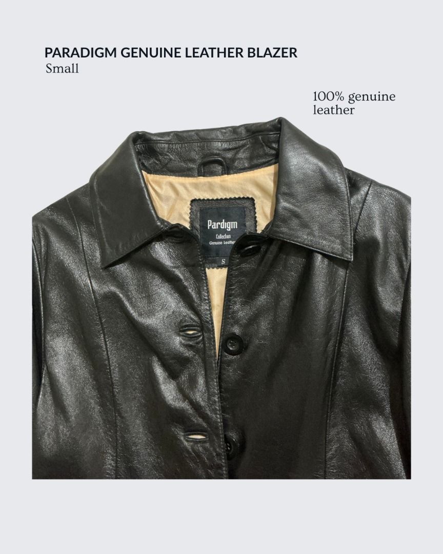 Genuine Leather Blazer Jacket (Category: Coats, Jackets and Outerwear) located in Baguio. Submitted by dragonflythrifts (Listing ID 1470478957, Image 3). Description: Paradigm Black Leather Blazer Jacket - material is 100% genuine leather - small - black leather with tan interior lining -button-front closure, classic lapel collar, structured fit, front flap pockets - clean inside and out, excellent pre-loved condition Shipping & Delivery - we are