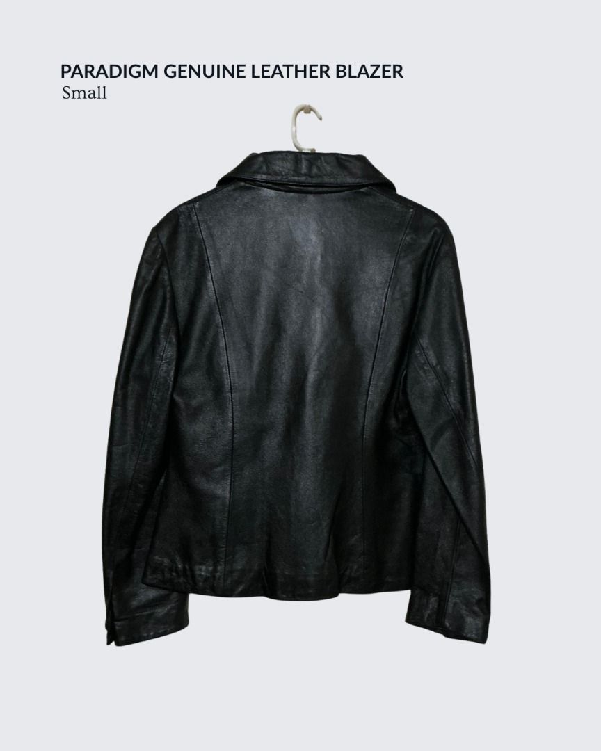 Genuine Leather Blazer Jacket (Category: Coats, Jackets and Outerwear) located in Baguio. Submitted by dragonflythrifts (Listing ID 1470478957, Image 2). Description: Paradigm Black Leather Blazer Jacket - material is 100% genuine leather - small - black leather with tan interior lining -button-front closure, classic lapel collar, structured fit, front flap pockets - clean inside and out, excellent pre-loved condition Shipping & Delivery - we are