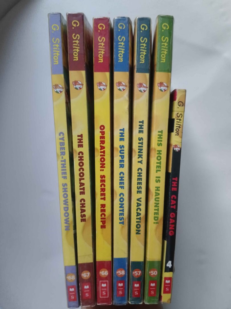 Geronimo Stilton Book Set (Category: Children's Books) located in Caloocan City. Submitted by shizuka4926 (Listing ID 1470441892, Image 1). Description: Inclusions (6 main series volumes + 1 free mini series volume): #50: This Hotel is Haunted! #57: The Stinky Cheese Vacation #58: The Super Chef Contest #66: Operation: Secret Recipe #67: The Chocolate Chase #68: Cyber-Thief Showdown Mini Mystery Series Book #4: The Cat Gang (Free!) All with plast
