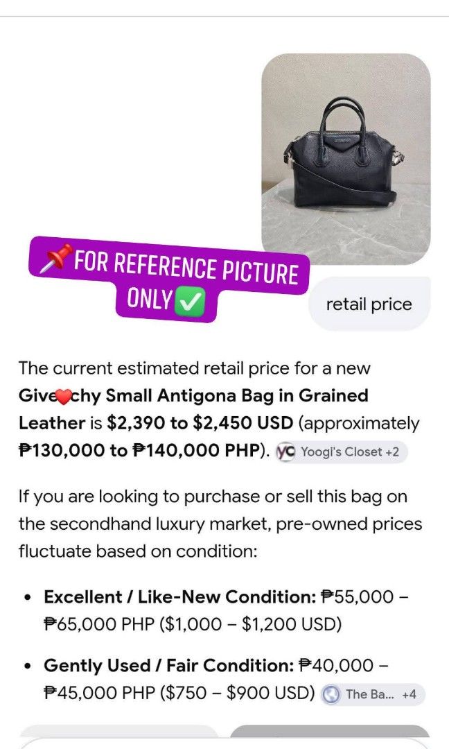Givenchy Antigona Bag Authentic💯💯 (Category: Shoulder Bags) located in Davao. Submitted by SecondhandItems97 (Listing ID 1470451763, Image 3). Description: Small size Includes generic dustbag.