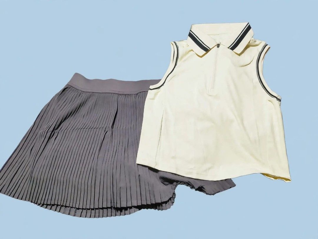 Golf / Tennis Set outfit (Category: Announcements) located in Pasay City. Submitted by 22aileen (Listing ID 1470360285, Image 2). Description: Golf / Tennis Set outfit Cream & Gray* Size M (160/84A) Top: Nylon 80% / Spandex 20% Skirt with inner shorts - 75% nylon / 25% spandex Brand new / with pouch *₱450 set pang golf / pickleball outfit.