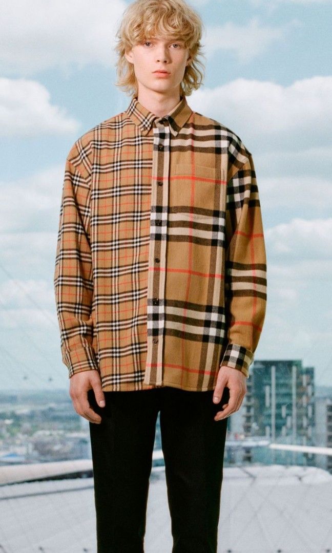 Gosha Rubchinskiy x Burberry split flannel wool type long sleeve (Category: Formal Shirts) located in Malabon City. Submitted by jhe_bicio_online-thriftshop (Listing ID 1470397577, Image 1). Description: Price is still negotiable for sure buyer Size medium on tag Dimensions 22. 5x27.5 Good condition.