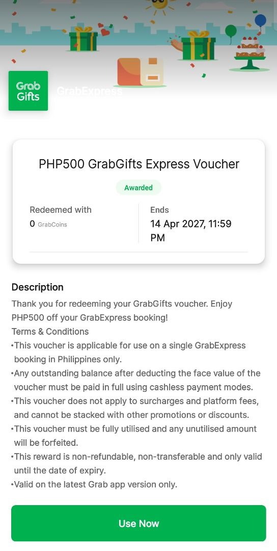 GRABGIFTS VOUCHER (Category: Vouchers) located in Caloocan City. Submitted by wackydocky (Listing ID 1470533347, Image 2). Description: GrabExpress Voucher Discounted! 🛵💨 ​Hi everyone! I accidentally bought a GrabExpress voucher instead of the one I needed. Selling it at a big discount so it doesn't go to waste! ​Value: ₱500 ​Price: ₱400 ​Expiry: April 14, 2027 ​Safe and legit transaction. Send me a message if you want to buy! It's negotiable.
