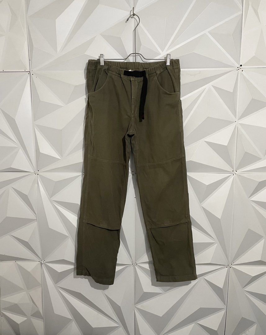 Gramicci Olive Green Canvas Double Knee Pants (Category: Trousers) located in Cabuyao City. Submitted by ParadisethriftedPh (Listing ID 1470547072, Image 1). Description: Cr:9/10 Dimensions W: 34-36 L: 41 - Brand: Gramicci - Color: Olive Green - Material: Sturdy canvas with reinforced knee panels - Fit: Relaxed straight leg - Waist: Elastic waistband with adjustable black webbed belt and buckle closure - Pockets: Deep front pockets and rear pocke
