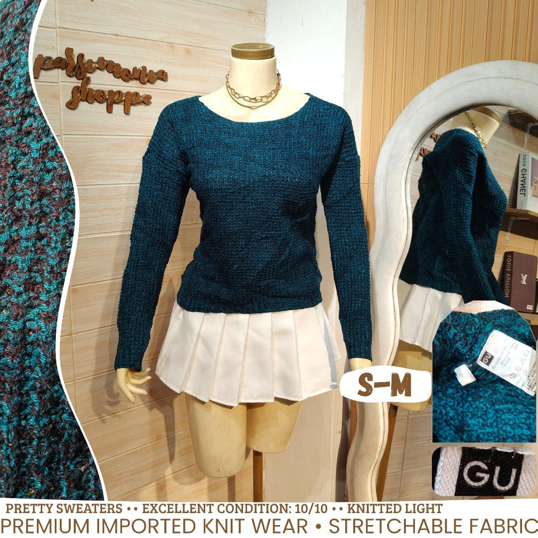 GU authentic Teal Cable Light Knit Sweater Freesize (Category: Longsleeves) located in Bulacan. Submitted by alyssarys (Listing ID 1469920994, Image 1). Description: - Brand: GU - Color: Deep teal blue - Size: S to M (plenty of stretch) - Style: Long sleeves with a wide scoop neckline - Material: Lightweight knit with a textured pattern - Condition: Excellent.