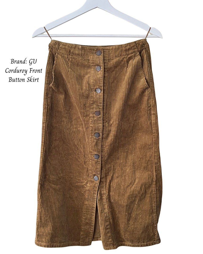 GU Brown Corduroy Button-Front Midi Skirt (Category: Skirts) located in Manila. Submitted by atlhae (Listing ID 1470446295, Image 1). Description: has two front pockets. Size: XS-S (23-25 in) Length: 3-4in below the knee on a 5’1 wearer. (for reference) pre-loved ukay find in good condition. .