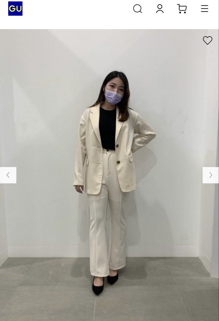 GU Off-White Flare Slacks Pants (Category: Jeans) located in Cavite. Submitted by yakultjeni85475 (Listing ID 1470511305, Image 2). Description: - Brand: GU - Style: High-waisted flared slacks with front creases and silver button closure - Color: Off-white (neutral, easy to match) - Material: Comfortable with a bit of stretch - Condition: Great shape, no stains or damage - Versatility: Perfect to pair with shirts, blouses, or blazers.