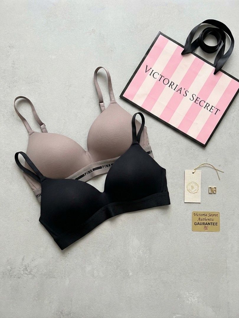 GUARANTEE AUTHENTIC 💯 VICTORIA SECRET BRA set for two (Category: Undergarments & Loungewear) located in Las Pinas. Submitted by outerwearsmanila (Listing ID 1470370108, Image 2). Description: Description Wireless t-shirt or everyday comfort and lightweight comfort bra displayed alongside a Victoria's Secret brand New Authentic GAURANTEE 💯 Victoria secret Made in usa victoria secret store Black color and Nude plum brown Size C36 on tag 1600+free