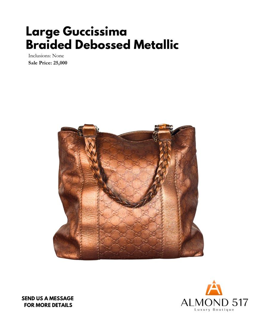 Gucci Large Guccissima Braided Debossed Metallic bag (Category: Luxury Bags & Wallets) located in Taguig. Submitted by reimac_almond517 (Listing ID 1470454081, Image 1). Description: .
