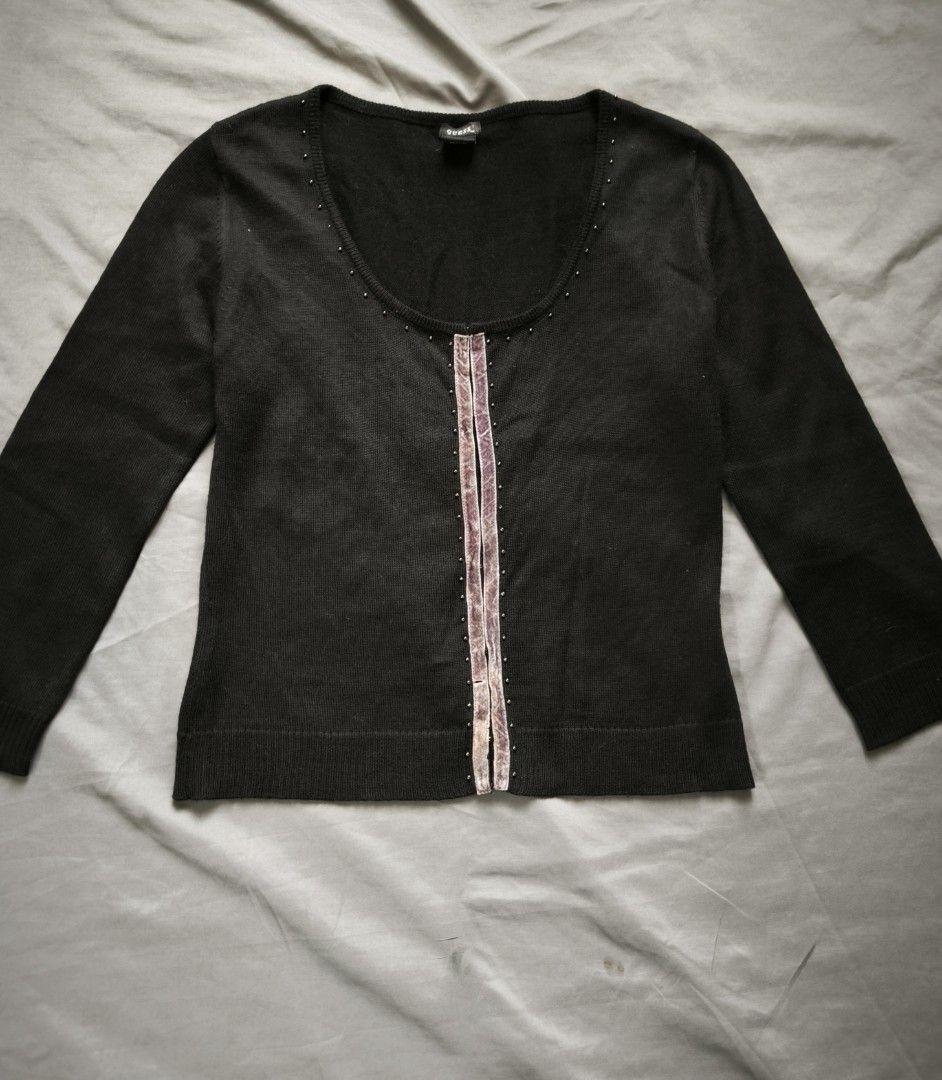 Guess black cardigan (Category: Others Tops) located in Manila. Submitted by wearforce (Listing ID 1470493189, Image 1). Description: Guess black cardigan color: black fit: M-L color rate 9/10 in good condition 300 + sf.