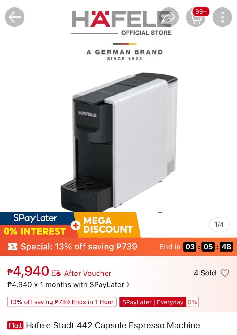 Hafele Capsule Coffee Machine (Category: Coffee Machines & Makers) located in Taguig. Submitted by _marco0326 (Listing ID 1470437683, Image 2). Description: https://www.hafele.com.ph Brand new coffee machine .