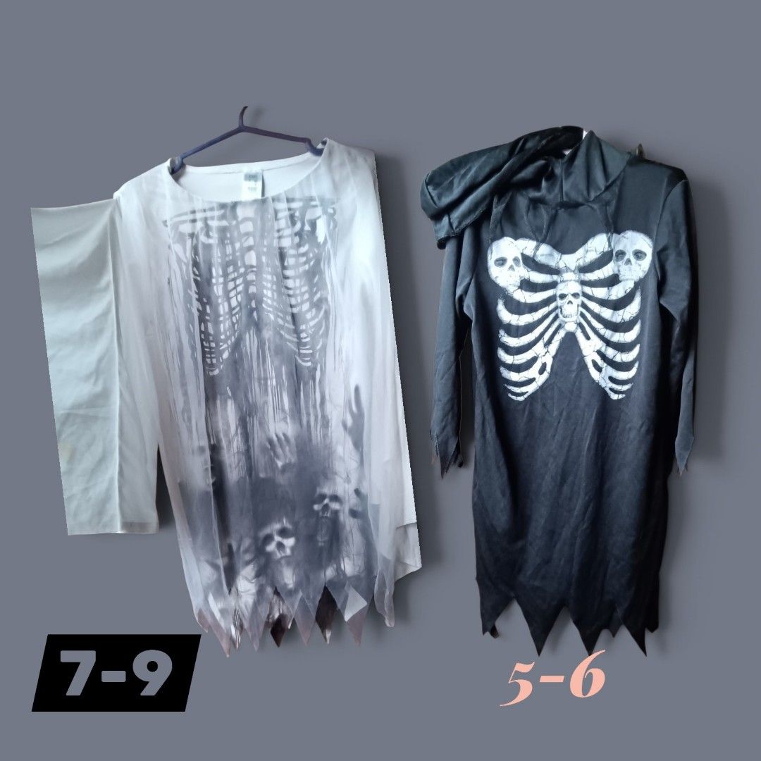 Halloween Skeleton Costume (Category: Babies & Kids Fashion) located in Pasig City. Submitted by heidedieh (Listing ID 1470450297, Image 1). Description: White top 150 7-8 yo Black hooded Skeleton 170 5-6.