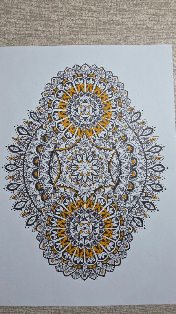Handmade Mandala Art Piece in Black Frame (Category: Wall Decor) located in Dagupan City. Submitted by mysticwater_1982 (Listing ID 1470405030, Image 2). Description: - Hand-drawn geometric mandala artwork original creation - Detailed fine liner pen work in black, white, and yellow ink - Comes in a simple black frame, ready to hang or display - Unique handmade piece ideal for home or office decor - 4r paper/ frame size.