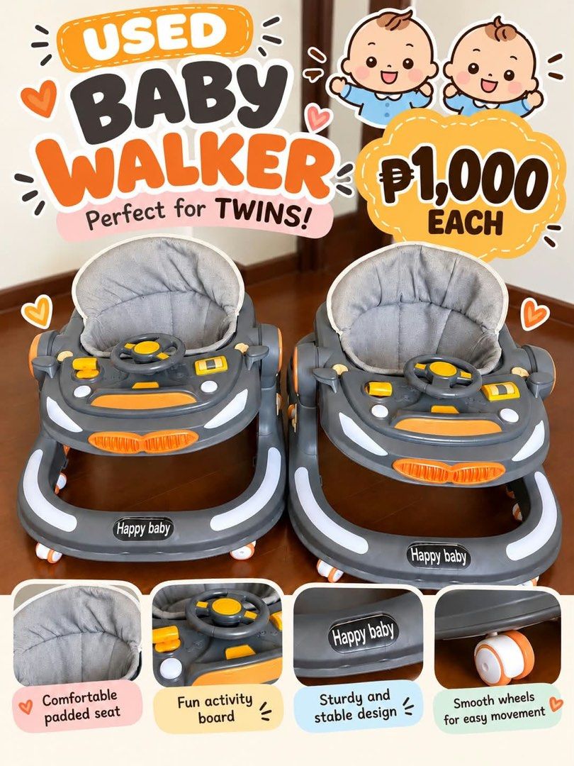Happy Baby Walker Grey and Orange (Category: Infant Playtime) located in Las Pinas. Submitted by cjoyce888 (Listing ID 1470391842, Image 1). Description: - Brand: Happy Baby - Colorway: Grey and orange - Condition: Used, excellent stability and sturdy design - Comfort: Padded seat for baby's comfort - Features: Fun activity board with steering wheel and buttons - Mobility: Smooth wheels for easy movement - Availability: 2 units available (sold in