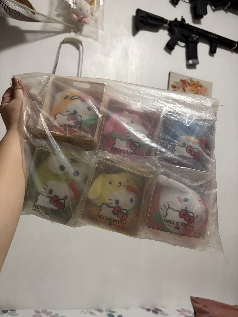 Hello Kitty Fruit Mart McDonald's Plush Set with Bag (Category: Plushies & Soft Toys) located in Mandaluyong City. Submitted by stuffandshop2017 (Listing ID 1470354300, Image 2). Description: - Complete set of 6 McDonald's Kitty Fruit Mart plush toys - Includes all characters in individual transparent packaging boxes - Brand new, untouched, and 100% sealed in original packaging - Comes with a matching branded Kitty canvas tote bag - Packed togeth