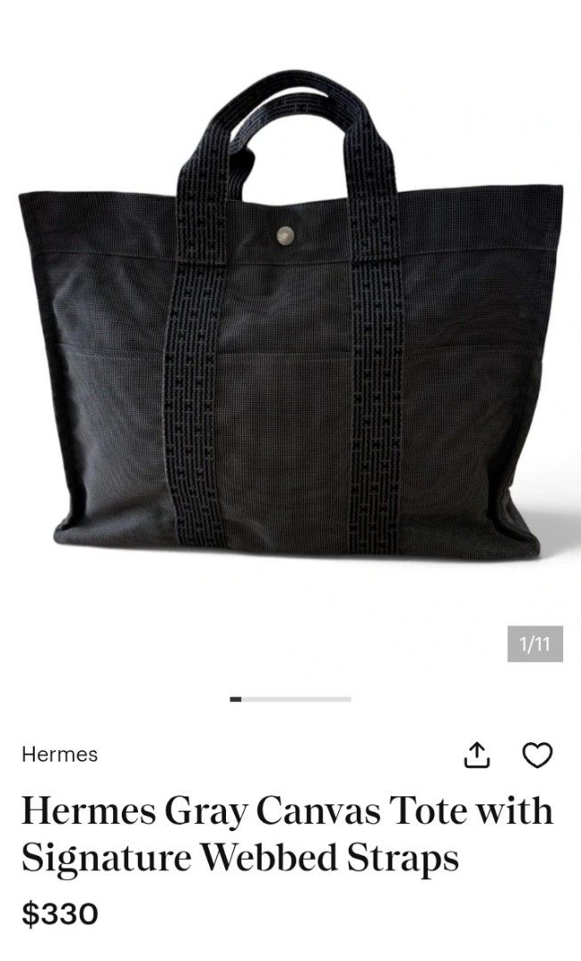 Hermes Gray Canvas Tote with Signature Webbed Straps (Category: Tote Bags) located in Manila. Submitted by twinklelyn03 (Listing ID 1470409918, Image 1). Description: - Authentic Hermes gray canvas tote bag - Signature webbed shoulder straps and convenient front slip pockets - Secure snap button closure at the top - Clean interior with a handy side zip pocket - Sturdy fabric construction that holds its shape well - Spacious and stylish casual eve