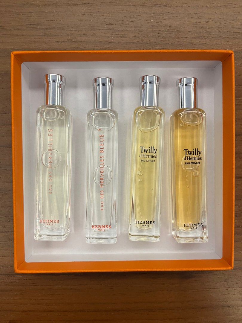 Hermès Perfume Set Eau des Merveilles Twilly d'Hermès (Category: Fragrance & Deodorants) located in Makati City. Submitted by hikat01 (Listing ID 1470414721, Image 1). Description: - Authentic Hermès Fragrance Gift Set - Includes 4 distinct scents: Eau des Merveilles, Eau des Merveilles Bleue, Twilly d'Hermès Eau Ginger, and Twilly d'Hermès Eau Poivrée - Each spray bottle includes its own signature orange protective pouch - Comes complete with th