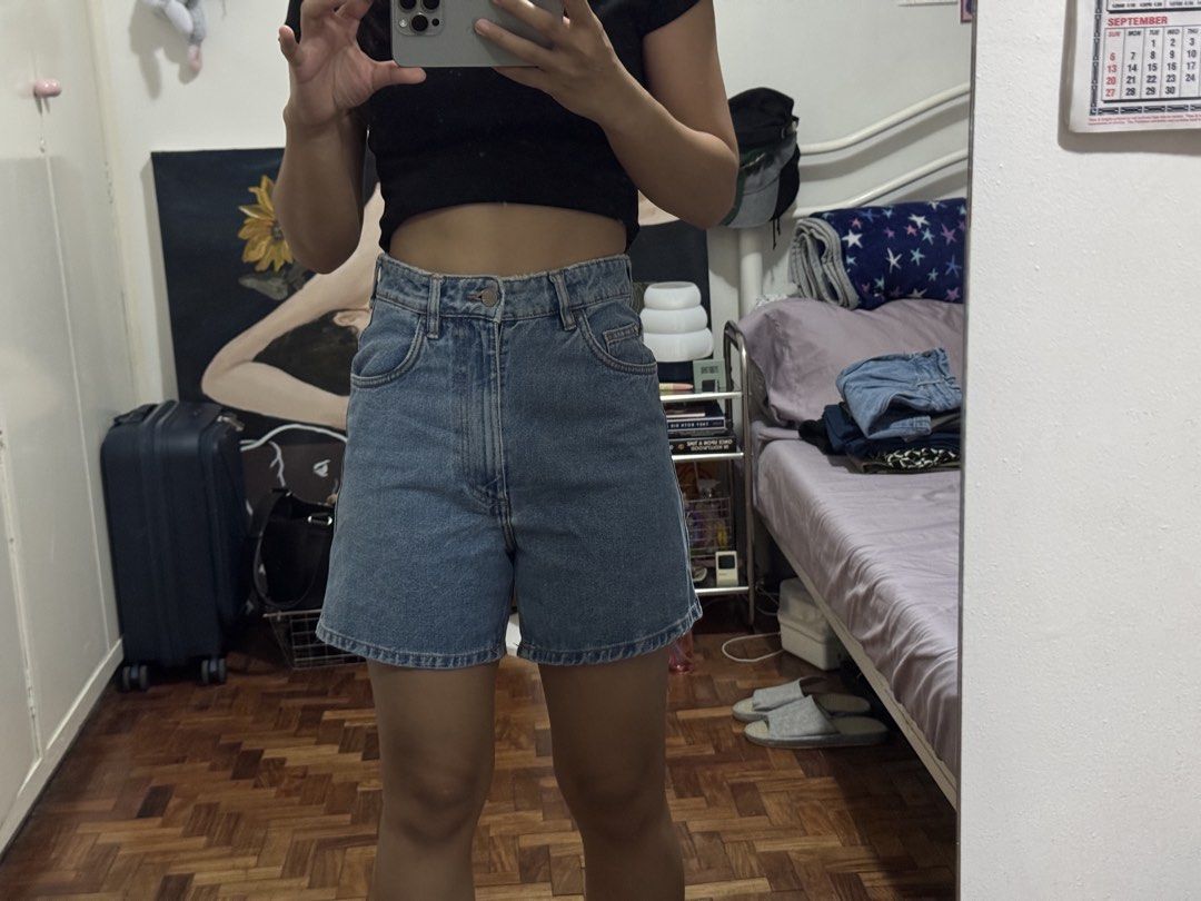 High-waisted medium wash denim shorts (Category: Shorts) located in Angeles City. Submitted by m1lkramen (Listing ID 1470475924, Image 2). Description: - Style: High waist, straight leg, hits above the knee - Wash: Medium wash denim - Details: Classic five-pocket style with belt loops - Condition: Good, sturdy, and well-kept fabric - Fit: Great basic piece for casual outfits · · ─ ·✶· ─ · · Waist: 24in Length: 26in .