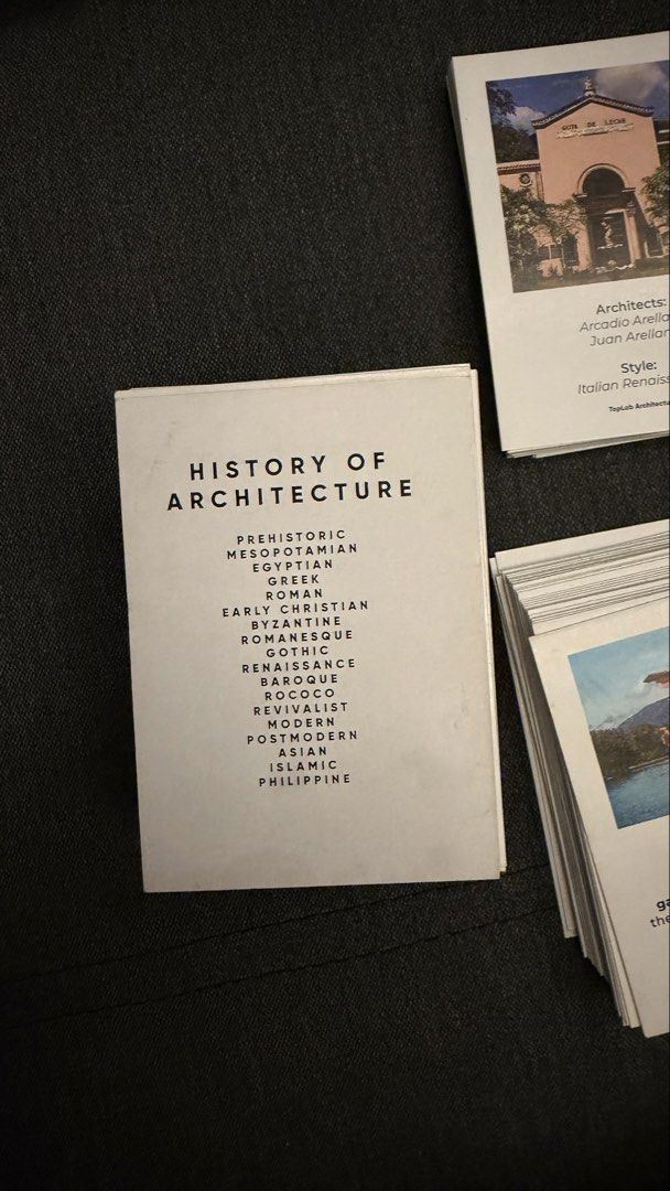 History of Architecture Flashcards (Category: Textbooks) located in Bulacan. Submitted by __iyah (Listing ID 1470511115, Image 3). Description: - TopLab Architecture Flashcards for history review - Covers Prehistoric times down to the Philippine era - Ideal for architecture students and board exam reviewees (LEID, LEA, LALE) - Clean white cards featuring clear typography and image references - Condition: Like new! RFS: Passed the boards .