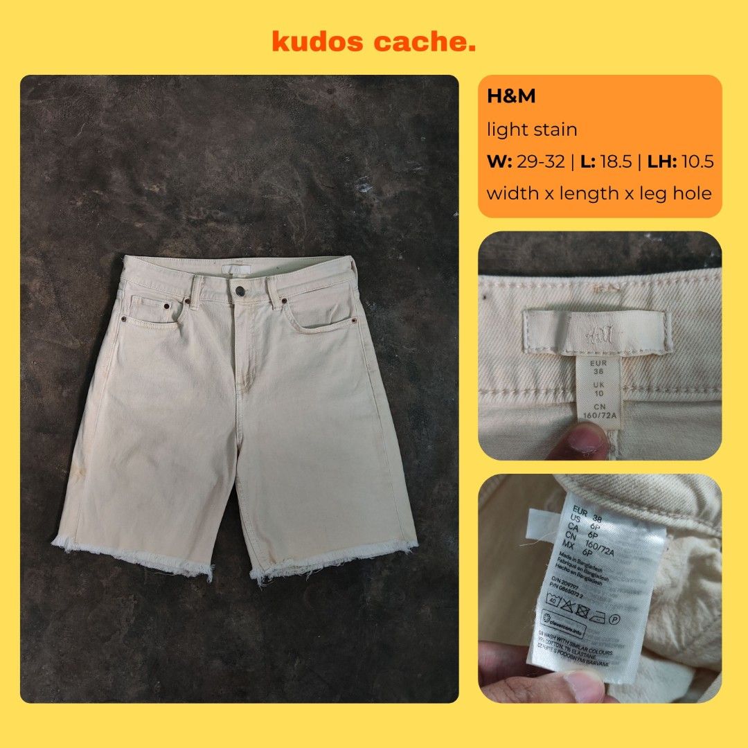 H&M Denim Shorts (Category: Shorts) located in Rosales. Submitted by kudoscache (Listing ID 1470430484, Image 1). Description: - Brand: H&M - Waist: 29-32 | Length: 18.5 - Color: Khaki / Beige - slightly nego payment: maribank / gotyme courier: J&T.