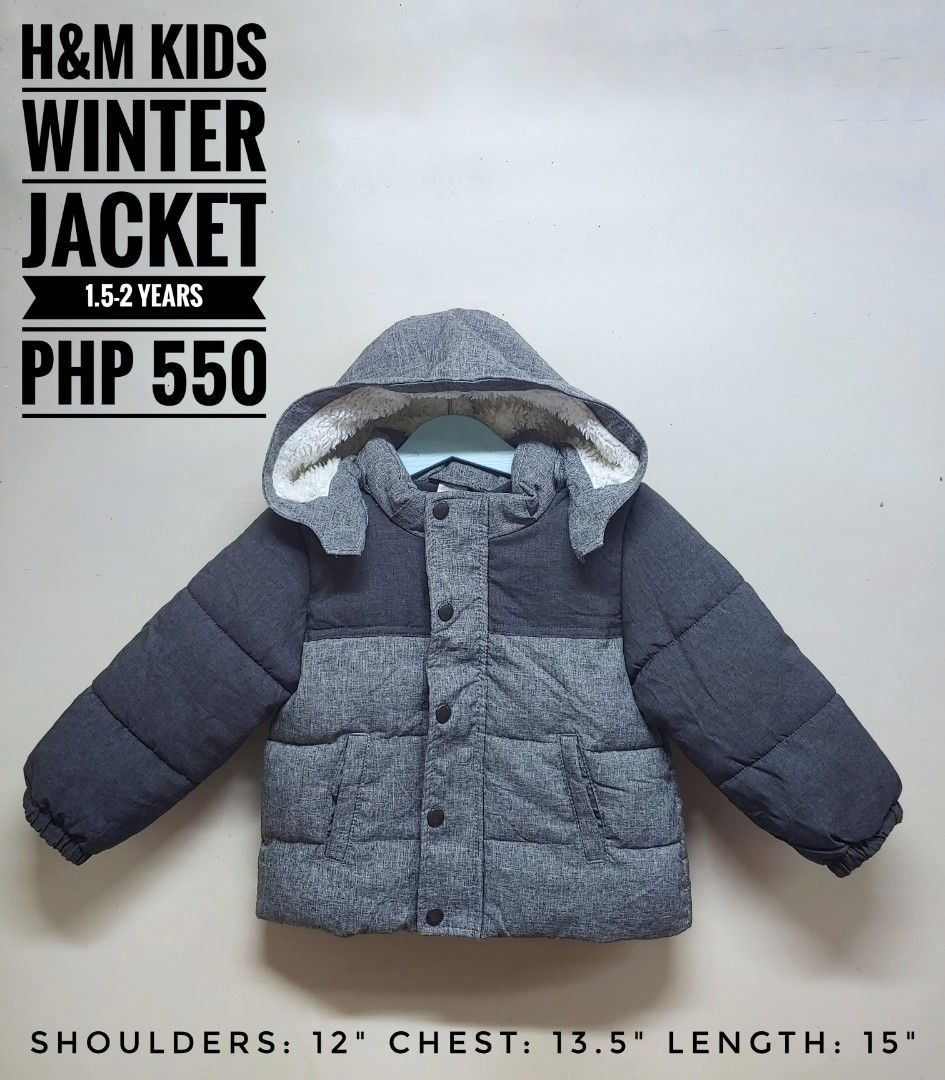 H&M Kids Winter Jacket 1.5-2 Years (Category: Babies & Kids Fashion) located in Dagupan City. Submitted by upforgrabs2400 (Listing ID 1470496956, Image 1). Description: H&M Kids Winter Jacket - Fits toddlers 1.5 to 2 years old - Measurements: Shoulders 12", Chest 13.5", Length 15" - Color: Stylish grey colorblock - Lining: Cozy fleece lining inside and on the hood for extra warmth - Closure: Full zip with front snap buttons - Pockets: Two handy f