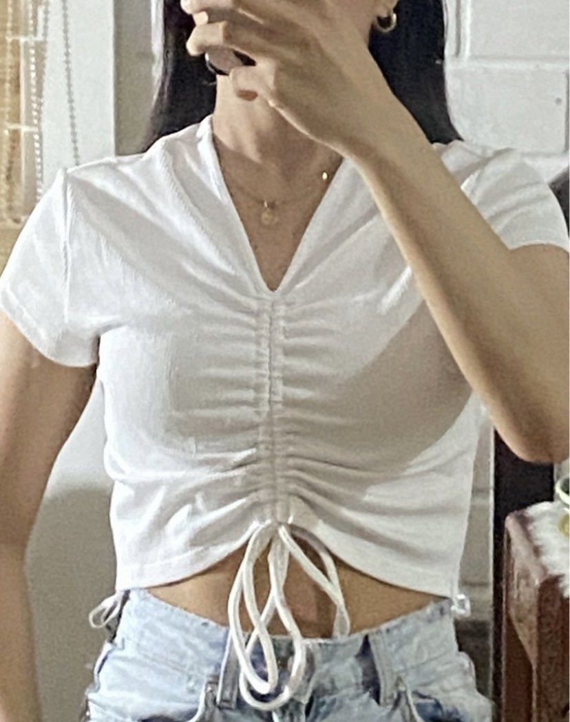 H&M White Front Ruched Self Tie Top (Category: Others Tops) located in Binan City. Submitted by mypreloved_haul (Listing ID 1470514013, Image 1). Description: Last price posted!.