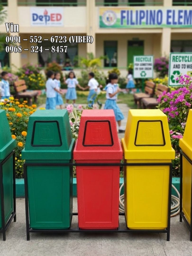 hooded trash bin large (Category: Waste Bins & Bags) located in Bacoor. Submitted by zx400rr (Listing ID 1470384894, Image 1). Description: HOODED TRASH BIN Made in non-toxic Polyurethane Plastic Easy to clean, carry and move Also available: Metal Frame for 2 slots, 3 slots & 4 slots! Segregation Label & Company Logo Sizes: 28L, 75L, 85L, 132L Color: Red, Yellow, Green, Black, Blue, Gray For inquiries: 0991 552 6723 0968 324 8457 0933 855 9510 09
