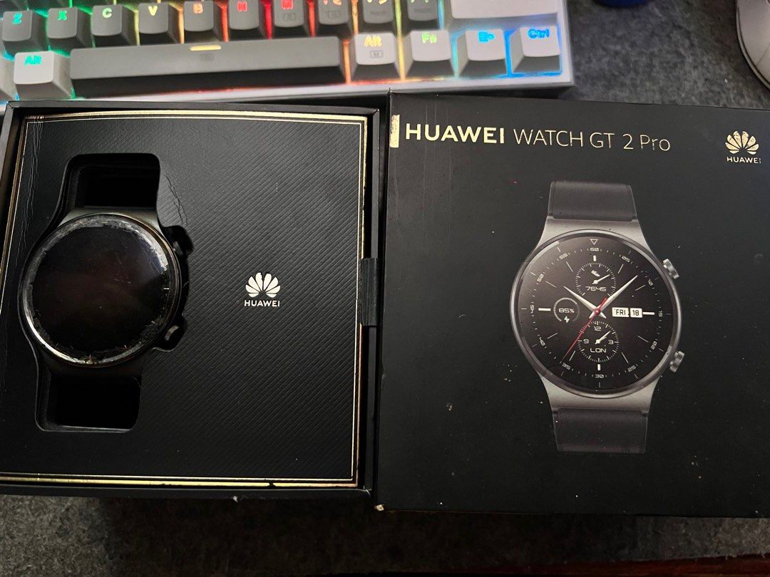Huawei Watch GT 2 Pro (Category: Wearables & Smart Watches) located in Quezon City. Submitted by howl_02 (Listing ID 1470427326, Image 1). Description: - Brand: Huawei - Model: Watch GT 2 Pro - Color: Black - Complete inclusion - Issue: Glass reglue, but does not affect the performance of the watch (Check 3rd photo) - Meetup locations: Caloocan Sports Complex or SM Fairview Terminal.