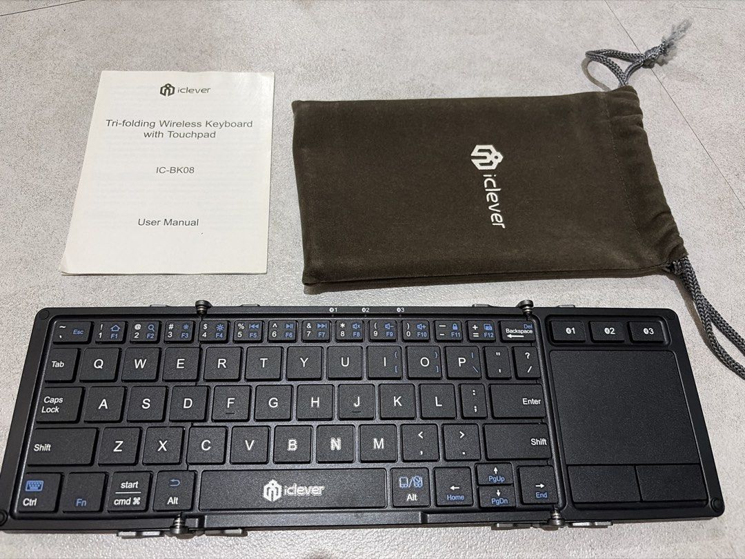 iClever IC-BK08 Tri-folding Wireless Keyboard with Touchpad (Category: Computer Keyboard) located in Marilao. Submitted by vnilla.ice (Listing ID 1470483569, Image 1). Description: - Model: iClever IC-BK08 Tri-folding Wireless Keyboard - Layout & Color: QWERTY layout in a sleek black finish - Features: Built-in touchpad on the right side for easy navigation - Portability: Pocket-sized and folds neatly, ideal for travel and mobile work - Compatibi
