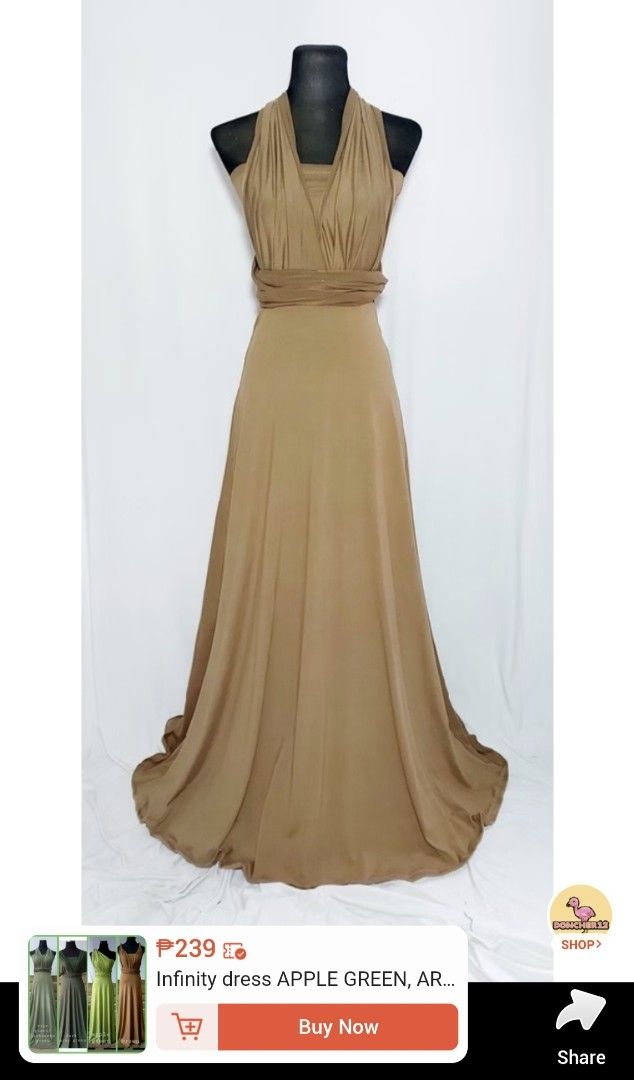 Infinity dress brown cotton FREE SIZE (Category: Dresses) located in Taguig. Submitted by marj.palomo (Listing ID 1470471247, Image 1). Description: - Color: Brown - Material: Comfortable cotton - Size: Fits small to large frames - Style: Versatile multiway wrap maxi dress with flowing skirt - Inclusion: Comes with a matching tube top modesty piece - Perfect for: Bridesmaids, formal events, and special occasions - Easy to adjust and style in mult