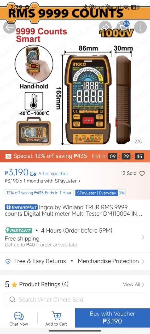 Ingco Digital Multimeter (Category: Construction Tools & Equipment) located in Caloocan City. Submitted by hotwheelsval (Listing ID 1470405295, Image 2). Description: - Brand new Ingco DM110004 smart digital multimeter in original packaging - 9999 counts smart type with compact, handheld design for easy operation - High voltage measurement up to 1000V - Wide temperature measurement range from -40°C to 1000°C - Complete set includes test leads and