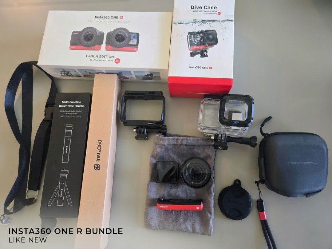 Insta360 One R 1-Inch Edition Bundle (Category: Video Cameras) located in Manila. Submitted by jackienikki (Listing ID 1470368455, Image 1). Description: - Complete Insta360 One R 1-Inch Edition setup - Includes camera core, Leica lens module, and base battery section - Comes with official dive case and protective frame - Includes multi-function bullet time handle, PGTECH zip case, strap, and lens cap - Original boxes included (everything in phot