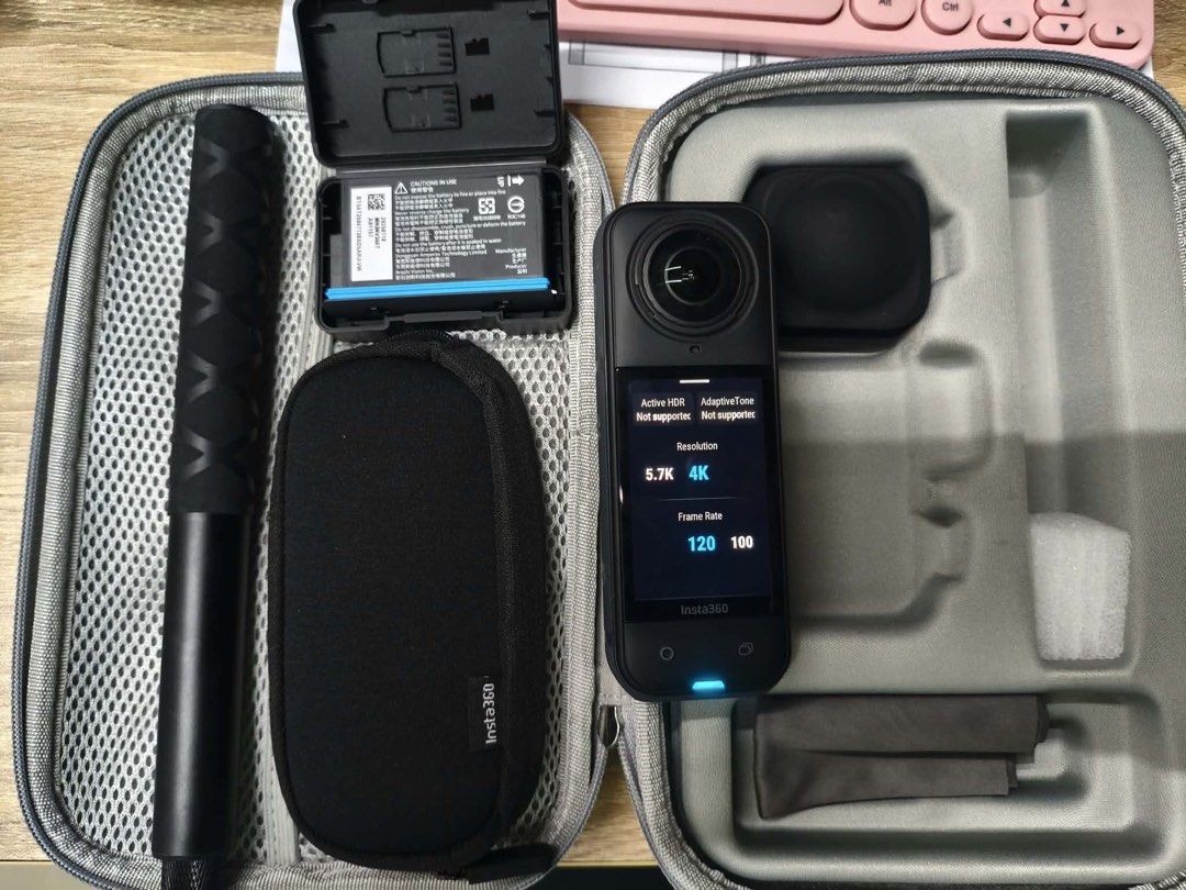 Insta360 X5 8K Action Camera Full Set with Carry Case (Category: Video Cameras) located in Paranaque City. Submitted by engrmike (Listing ID 1470350477, Image 2). Description: - Complete Insta360 X5 vlogging setup ready to use - Includes custom grey carry case and original accessory boxes - Extra battery and lens cap included for all-day shooting - SanDisk Extreme Pro 128GB microSD card included - TNW P10 extendable tripod selfie stick for outdoo
