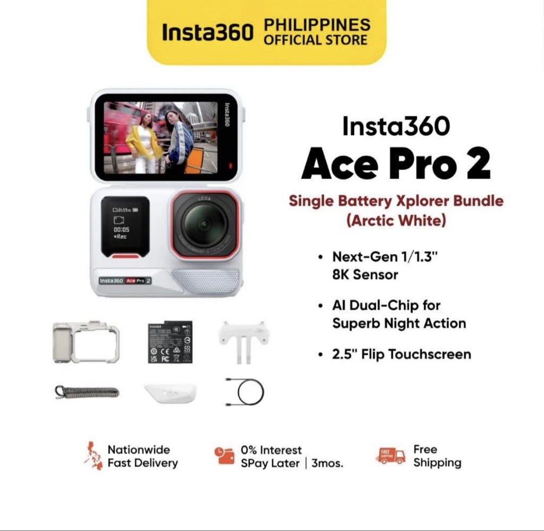 Insta 360 Ace Pro 2 Arctic White (Category: Cameras) located in Cavite. Submitted by kaefernandez (Listing ID 1470350853, Image 3). Description: BOUGHT THIS LAST MAY 2 USED TWICE Xplorer Bundle bought for ₱28,790 Insta360 Ace Pro 2 Arctic White Single Battery Grip Kit in Moonlight Silver And all else in the photo uploaded Add-ons (sold separately): + Insta360 256GB Micro SD Memory Card bought separately for ₱6,190 + Insta360 Classic Leather Case 