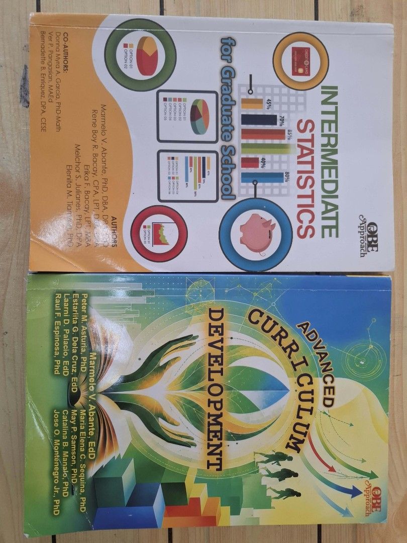 Intermediate Statistics & Advanced Curriculum Development Textbooks (Category: Textbooks) located in Quezon City. Submitted by biblionatic (Listing ID 1470378759, Image 2). Description: - Bundle of 2 graduate-level textbooks from Unlimited Books - Titles included: Intermediate Statistics for Graduate School & Advanced Curriculum Development - Topics covered: Data analysis, research methods, educational frameworks, and the OBE approach - Condition