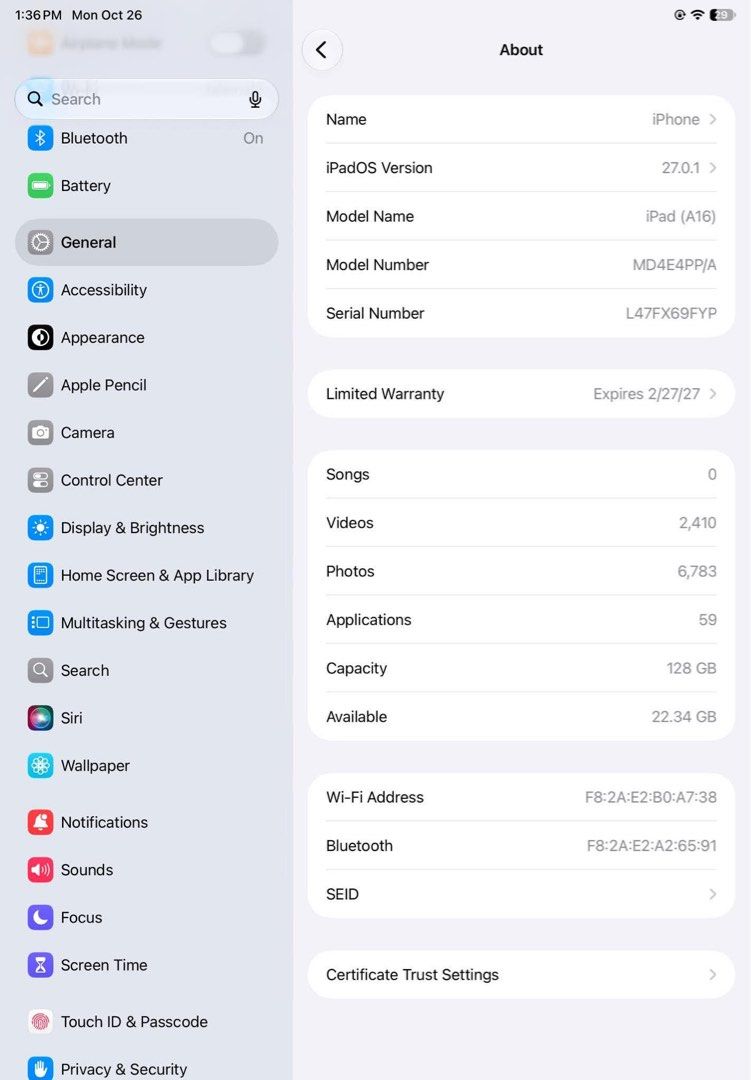 IPAD (A16) WIFI 128GB (Category: iPad) located in Pasay City. Submitted by mnliv (Listing ID 1470371162, Image 3). Description: FOR SALE IPAD (A16) WIFI 128GB - no dents or major scratches - good as new pwede sa maselan - naka warranty pa - with box and original charger - with ipad case - 95% battery health RFS: UPGRADE.
