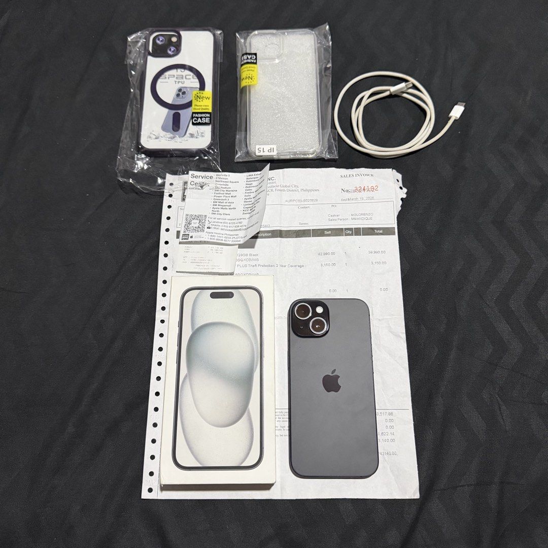 IPHONE 15 128GB | Black (Category: iPhone 15 Series) located in Manila. Submitted by sweetcheck (Listing ID 1470468518, Image 1). Description: FOR SALE OR SWAP❗️ IPHONE 15 128GB | Black Factory Unlocked (No Sim Restriction) ZP/A Local Variant | NTC 94% Battery Health (Original) 209 Cycle count Under warranty until March 2027 Inclusion : Unit, Original Box , Original Cord and Case Powermac Purchase with Paper Bag ⚜️All working ⚜️No history of repa