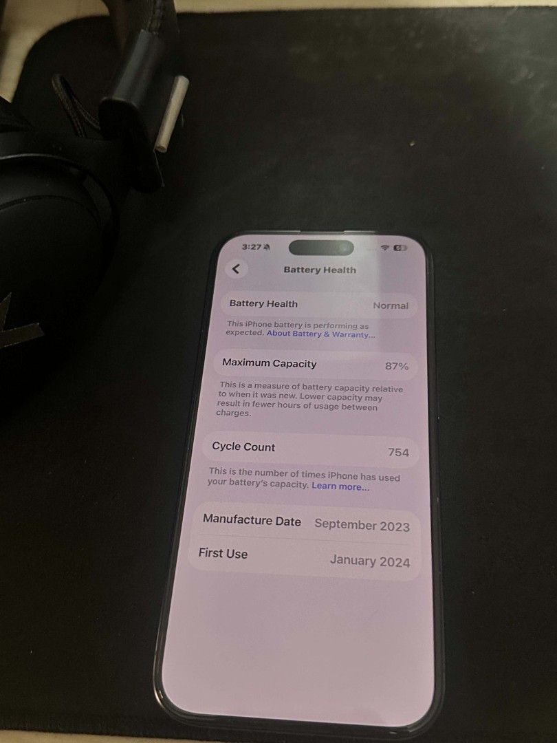 Iphone 15 pro (Category: iPhone 15 Series) located in Valenzuela. Submitted by cezzwhooo (Listing ID 1470515211, Image 2). Description: iPhone 15 pro 128gb Clean condition Battery Health: 87 All functions working perfectly No issue and replaced parts Unit only Prestine condition UST or grand central meetup Pwede rin sa house sa valenzuela rfs: upgraded na.