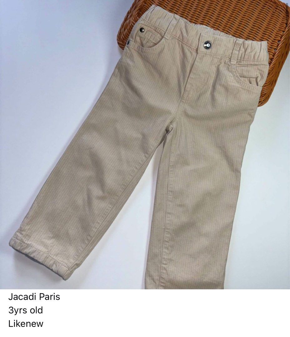 Jacadi Paris Beige Trousers 3 Years Old (Category: Babies & Kids Fashion) located in Manila. Submitted by miamoire (Listing ID 1470556079, Image 1). Description: - Brand: Jacadi Paris - Size: 3 years old - Color: Classic beige with subtle vertical stripes - Waistband: Elastic back with belt loops for a comfortable fit - Closure: Front button - Pockets: Working pockets on both sides - Condition: Clean and well-kept.